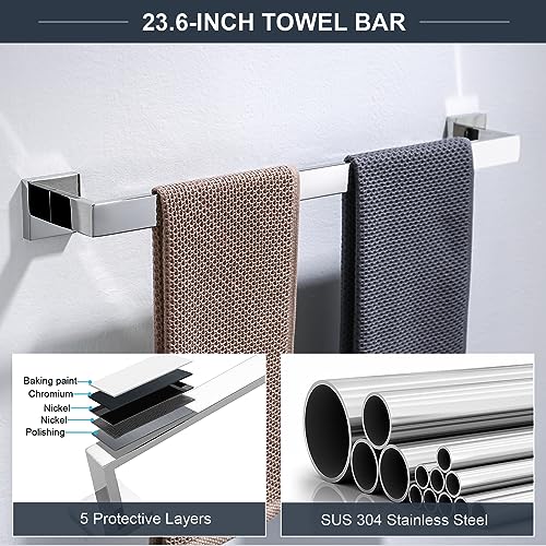 TQKAG 6-Piece Towel Bar Set, 23.6" Bathroom Hardware Set, Polished Chrome | SUS304 Stainless Steel, Chrome Bathroom Accessories Include Toilet Paper Holder, Towel Bar, Towel Ring, Coat Hook, Wall Mount - color: Polished Chrome, size: 6-Pieces Set-A