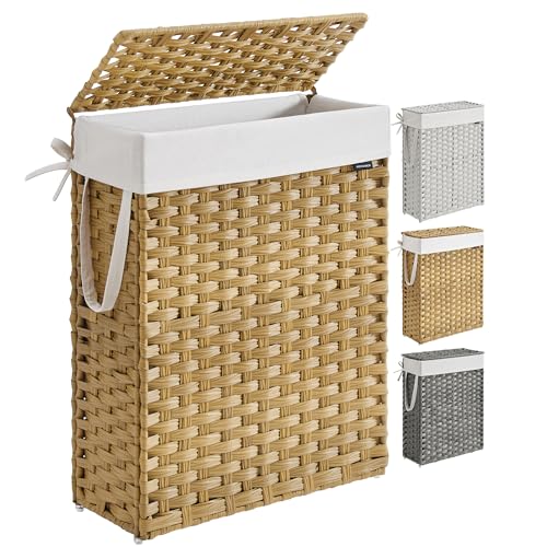 SONGMICS Slim Laundry Hamper with Lid, 14.5 Gallon (55L) Rattan Clothes Laundry Basket with Lid and Handles, Foldable, Removable Liner, Goose Yellow ULCB164N01 - color: Goose Yellow, size: 55 L