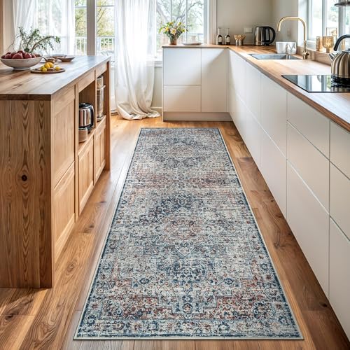Bloom Rugs Caria Washable Non-Slip 10 ft Runner - Terracotta/Teal Traditional Runner for Entryway, Hallway, Bathroom, and Kitchen - Exact Size: 2'6" x 10' - color: Terracotta / Teal, size: 2'6" x 10' (Runner)