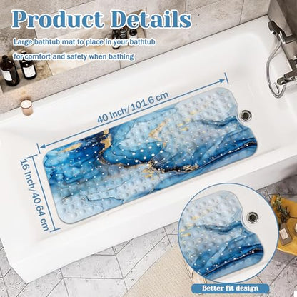 Marble Bath Tub Mat Non Slip, Blue Marble Non Slip Bath Mat for Shower, Large Washable Shower mats for Showers with Drain Holes and Suction Cups,40 X 16 Inch - color: Blue Marble