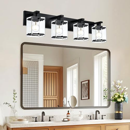 4-Light Bathroom Vanity Light Fixture, Modern Black Wall Lighting Over Mirror with Rectangular Clear Glass, E26 Bulb Base - color: Black, Clear Glass, size: 4-Lights