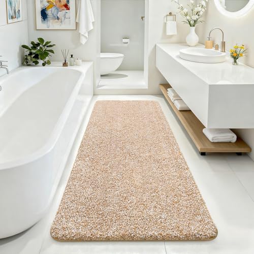 Bathroom Rugs 24x70,Super Absorbent Microfiber Bath Mat,Light Camel/White | Large Bath Mat,Non-Slip Long Shower Rug with TPR Backing, Thick Plush Machine Washable Bathmat for Bathrooms - color: Light Camel/White, size: 24" X 70"