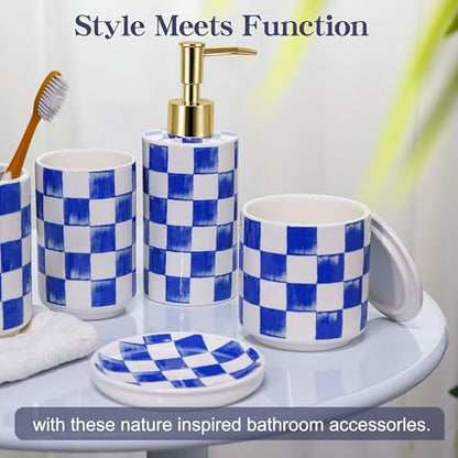 Ceramic Bathroom Soap Dispenser Set, Checkered Bathroom Vanity Set with Lotion Pump, Toothbrush Holder, Soap Dish & Storage Jar, Modern Bathroom Sink Accessories (Blue) - style: Blue