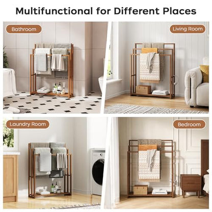 Standing Towel Rack for Bathroom, 39.4''H Bamboo Blanket Racks with Shelf | 31.5"W × 9.4"D × 39.4"H • Walnut • Waterproof • Blanket rack • Blanket holder • Ventilated • Bottom shelf • Anti-tip - color: Walnut