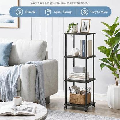 4-Tier 38.2" Tall Black Bathroom Shelving Unit with Wheels | Wood Finish, Metal Frame, Rolling Narrow Open Shelf Design, for Laundry Room, Kitchen, Living Spaces, Easy to Move - color: Black, size: 4-Tier