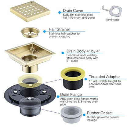 TRUSTMI Shower Drain with Base Flange 4 Inch Square Floor Drain with Flat or Tile Insert Grid Patten Grate Cover of SUS 304 Stainless Steel, Threaded Adapter Adjustable Drain Strainer, Brushed Gold