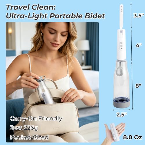 Portable Bidet for Travel, 500mAh Electric Handheld Bidet with 400ml Bottle | Rechargeable Bidet Sprayer, IPX7 Waterproof High Pressure Jet Spray for Men Women Postpartum & Camping