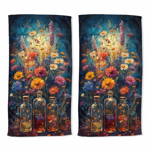 Wildflower Bath Hand Towel Set of 2 Colorful Glass Bottle Floral Absorbent Hand Towels Decorative Kitchen Dish Towel Guest Bathroom Towels 14x28 inch - color: Wildflower