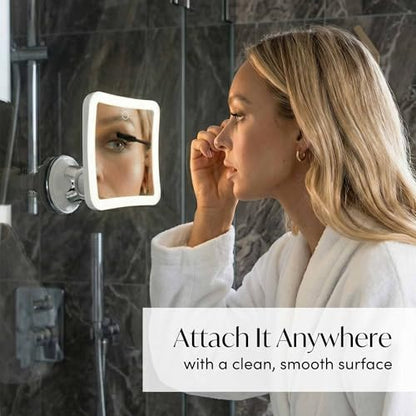 Fancii Rechargeable 10x Magnifying Mirror with 3 LED Light Settings, Dimmable Touch Light, Cordless, Locking Suction Mount, Lighted Mirror for Bathroom or Travel, Mira 2 (White)