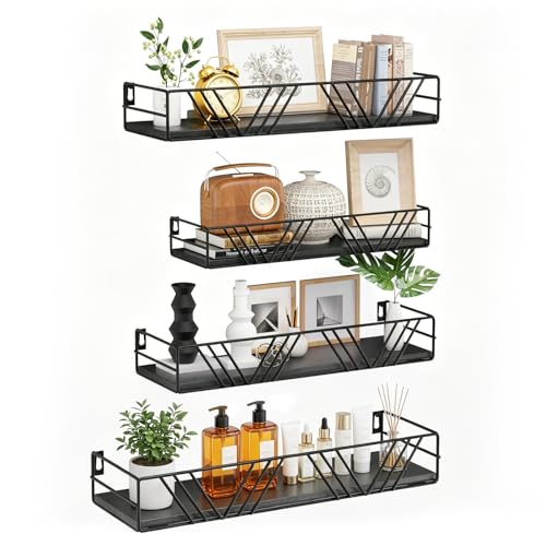 Floating Shelves for Wall, 4 Sets Rustic Shelf with Metal Frame | Wall Shelves for Room Wall, Hanging Storage Shelf Set for Bedroom, Living Room, Bathroom, Kitchen, Home Decor, Black - color: Black