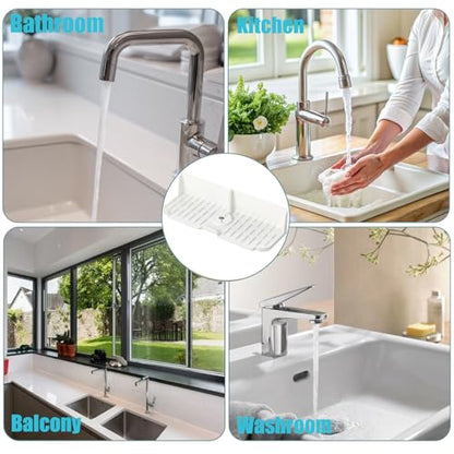 Sink Splash Guard Behind Faucet, 17" x 5.5" Silicone Faucet Drying Mat & Dish Sponge Holder, Fast Self-Draining Kitchen Sink Organizer with Adjustable Fit (White) - color: White