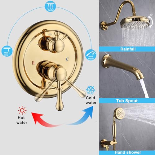 Enga Bright Gold Brass Shower Tub Faucet System Antique 8inch Rainfall Shower with Spout and Hand Spray - color: Bright Gold, style: 8" Head + Tub