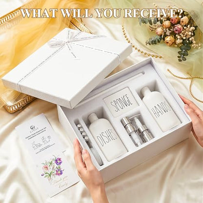 Cisily Housewarming Gifts New Home Basket, Kitchen Soap Dispenser Set Comes with Ceramics Sponge Holder, Silver Stainless Steel Pumps, and Instant Dry Tray, Hand and Dish Soap Dispenser Set - color: Silver + White+gift Box Packaging