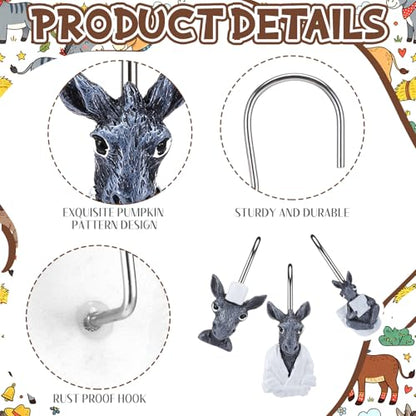 Roowest 12 Pcs Donkey Shower Curtain Hooks, Stainless Steel Farmhouse | Rust Resistant Shower Curtain Hangers, Western Rustic Bathroom Decor, Resin Donkey Head with White Scarf Winter Style - style: Donkey