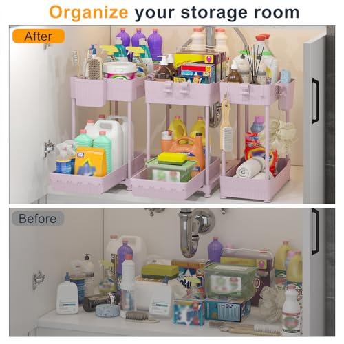 3 Pack Under Sink Organizers, 2-Tier Multi-Use Kitchen and Bathroom Organizers and Storage with Sliding Drawers, Bathroom Cabinet Organizer (Pink, 14.8 Inch) | Multi-use kitchen & bathroom storage, 14.8 inch pink cabinet organizer, space-saving sliding dr