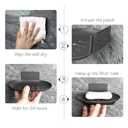 Wall Mounted Soap Dish with Drain, No Drilling Adhesive Aluminum Soap Holder for Shower Bathroom, Rustproof Detachable Tray, Sponge Saver & Organizer Rack (Dark Grey)