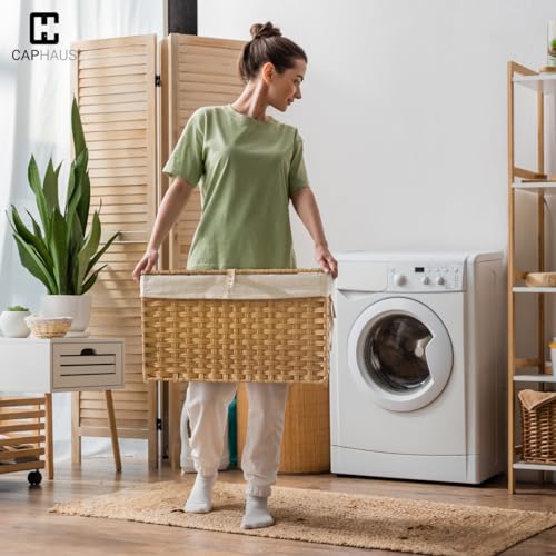 CAPHAUS Laundry Basket with Lid & Handles, Foldable Clothes Hamper, Large 65L Synthetic Rattan Storage Bin with 2 Removable Liner Bags, Collapsible Laundry Hamper, Grey - color: Grey, size: 17.2 Gal (65L)