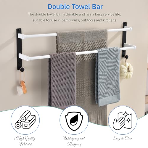 Double Towel Bar with Hooks for Bathroom Wall - 30" Double Layer Stainless Steel Towel Holder Rack, Heavy Duty Long Towel Hanger, White & Black - color: Black & White, size: 30-Inch