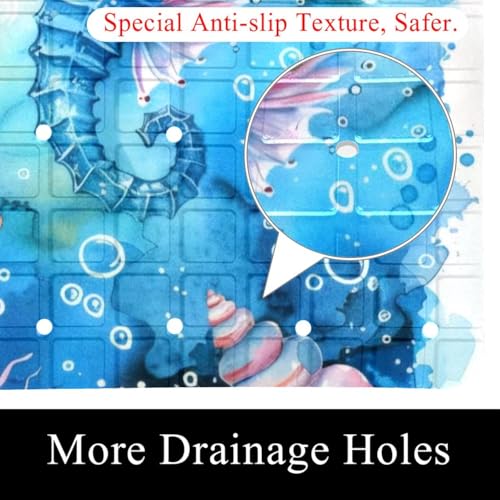 Non Slip Bath Mat for Tub, 15.1 x 26.8 Inch Bathtub Mat Machine Washable Shower Mat with Drain Holes and Suction Cups, Watercolor Splash Cute Seahorse Sea Shells - color: Multi 09
