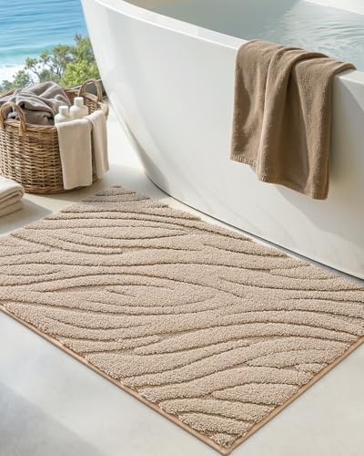 DEXI Bathroom Rugs 43x24, Extra Soft Absorbent Bath Mat, Non Slip Bathmat for Bathroom Floor, Machine Washable Rugs for Shower Floor, Beige - color: Beige-wave, size: 43" X 24" (Rectangular)