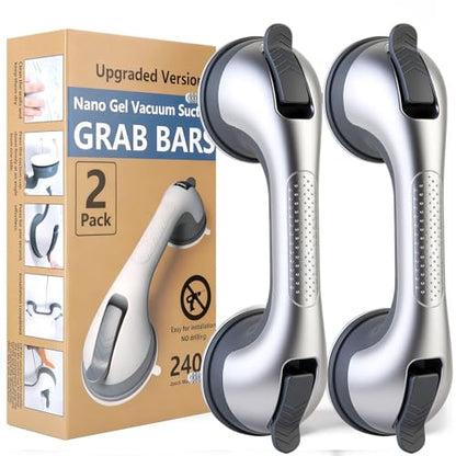2PK Grab Bars for Shower Handle, Elderly Assistance Products Silver | Seniors Removable Bar Safety, Suction Cup for Bathtubs and Showers/Bathroom/Walls, Heavy Duty Handrails Grip, No Drilling - color: Silk Silver-2 PACK