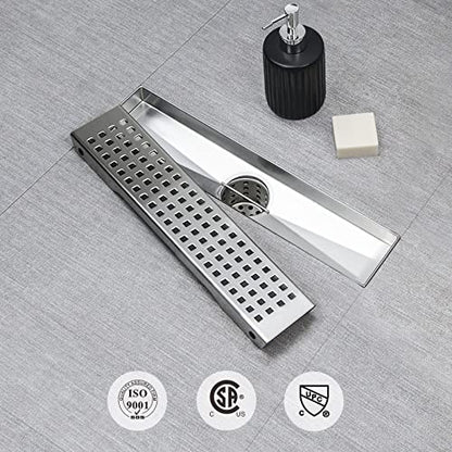 SaniteModar Linear Shower Drain 12 inch Brushed with Square Hole Panel | AISI 304 Stainless Steel Brushed Linear Dain Rectangle Shower Floor Drain with Hair Strainer and Leveling Feet - color: Stainless Steel, size: 12 Inch