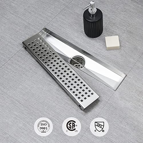 SaniteModar Linear Shower Drain 12 inch Brushed with Square Hole Panel | AISI 304 Stainless Steel Brushed Linear Dain Rectangle Shower Floor Drain with Hair Strainer and Leveling Feet - color: Stainless Steel, size: 12 Inch