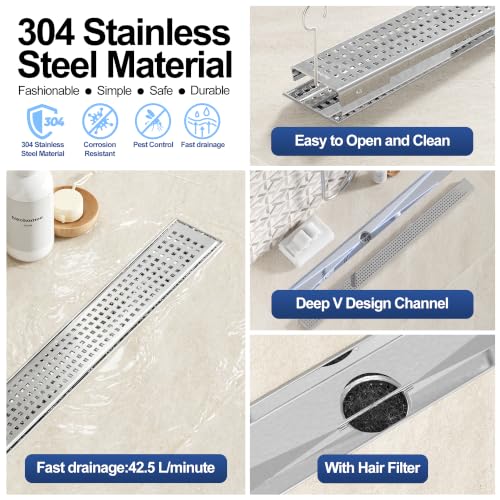 Neodrain 36" Linear Shower Drain, Polished 304 SS Bathroom Linear Drain | Polished Shower Drain with Quadrato Grate& Adjustable Feet, Long Rectangle Shower Floor Drain in Bathroom, Balcony etc,cUPC - color: Polished, size: 36 In