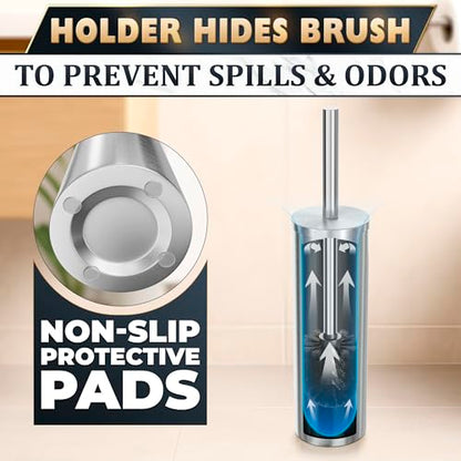 Stainless Steel Toilet Brush and Holder Set, Splash Guard (Silver) | Toilet Bowl Brush and Holder, Removable Inner Bowl, Dense Bristles, Long Handle, Scratch Resistant, for Modern Bathrooms - color: Silver