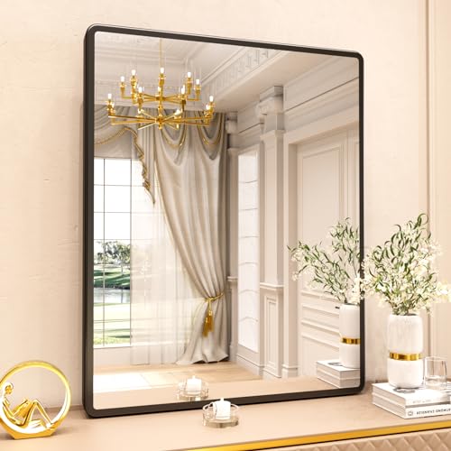 pertetey 40 x 32 in Rounded Rectangle Bathroom Mirror, Black Metal Frame | Black Metal Frame, Rounded Rectangle Design, Tempered Glass, Wall Mounted - size: 40"L x 32"W