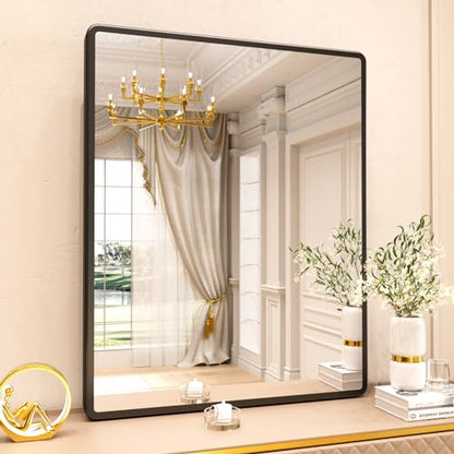 pertetey 40 x 32 in Rounded Rectangle Bathroom Mirror, Black Metal Frame | Black Metal Frame, Rounded Rectangle Design, Tempered Glass, Wall Mounted - size: 40"L x 32"W