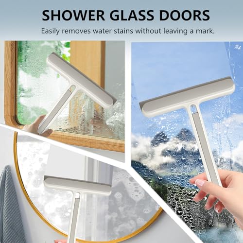 4-in-1 Shower Squeegee for Glass Doors, Silicone Window Squeegee with Foam Brush & Crevice Scraper, Small Bathroom Glass Cleaner Tool for Shower, Mirror, Tile, Window and Kitchen