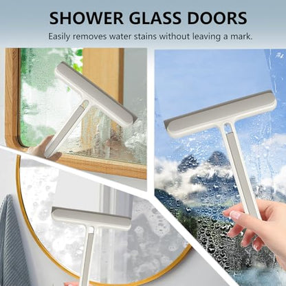 4-in-1 Shower Squeegee for Glass Doors, Silicone Window Squeegee with Foam Brush & Crevice Scraper, Small Bathroom Glass Cleaner Tool for Shower, Mirror, Tile, Window and Kitchen
