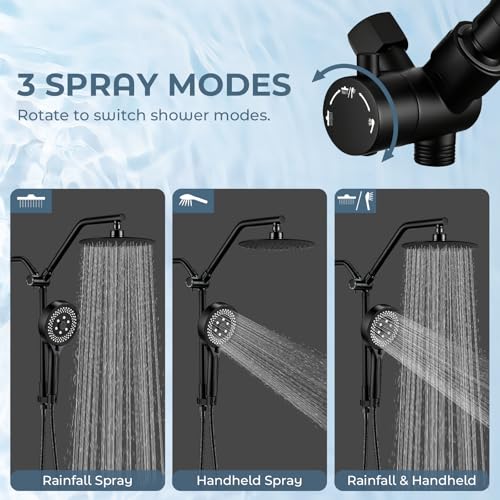 Shower Head with Handheld Combo High Pressure Black, Adjustable Bar | No drilling required, Height-Adjustable, 9-inch rainfall head, silicone slide bar, 3-waydiverter, 59-inch hose, G1/2 fit - color: 1-Black