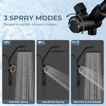 Shower Head with Handheld Combo High Pressure Black, Adjustable Bar | No drilling required, Height-Adjustable, 9-inch rainfall head, silicone slide bar, 3-waydiverter, 59-inch hose, G1/2 fit - color: 1-Black