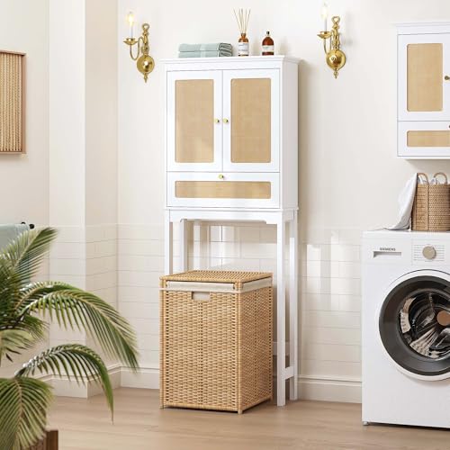 Spirich Over the Toilet Storage Cabinet with Hand-Woven Rattan Doors, White | Tilt-Out Storage Cube, Adjustable Shelf, 33-Inch Toilet Clearance, Anti-Tip Bracket, Bathroom Organizer for Toiletries - style: Rectangular