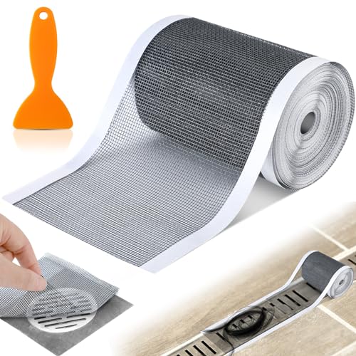 1 Pack 4 Inch x 33 ft Linear Shower Drain Hair Catcher Screen Disposable Adhesive Cutable Mesh Shower Drain Cover Stickers for Linear DIY Floor with Removal Tool for Bathroom Kitchen Bathtub