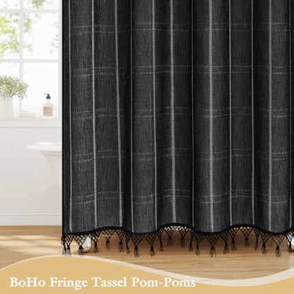 Extra Long Linen Farmhouse Shower Curtain with Tassel, Modern Boho French Country Chic Bathroom Shower Curtain Set with PEVA Liner, Cotton Luxury Fabric Shower Curtain 72x84 - Black - color: Black, size: 72"W x 84"L (Pack of 1)