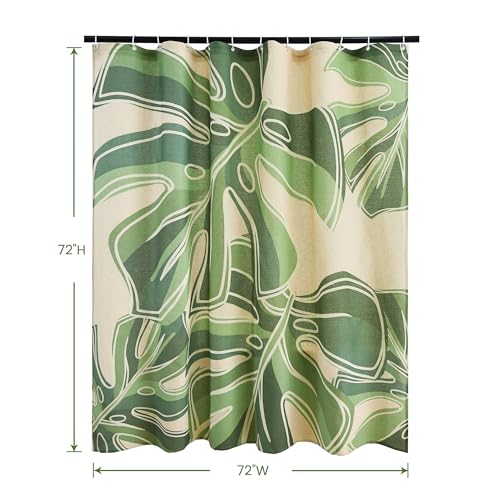 Tropical Plants Linen Shower Boho Curtain Set with Liner,72" Wx72 L | Double Layer Shower Curtain Waterproof Fabric with Zippered Removable PEVA Liner,Boho Shower Curtain for Bathroom,Free Hooks - color: Monstera Leaf