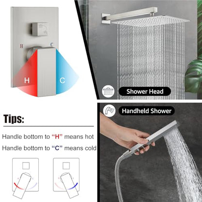 Midanya Shower Faucet Set with Handheld Sprayer,16 Inch,Brushed Nichel | Rough-in Shower Valve and Trim Kit Included,Square Rain Head,Wall Mount Shower System,All Metal,Bathroom - color: Nickel, size: 16 Inch