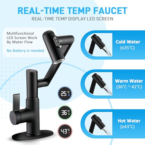 Bathroom Sink Faucet, Rotatable Faucet with Temperature Display in Celsius(Batteries-Free), 1080° Swivel | 3 Water Modes Black Faucet for Bathroom Kitchen Rv, LCF-2401, Matte Black - color: Matte Black - Celsius