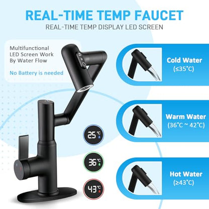 Bathroom Sink Faucet, Rotatable Faucet with Temperature Display in Celsius(Batteries-Free), 1080° Swivel | 3 Water Modes Black Faucet for Bathroom Kitchen Rv, LCF-2401, Matte Black - color: Matte Black - Celsius