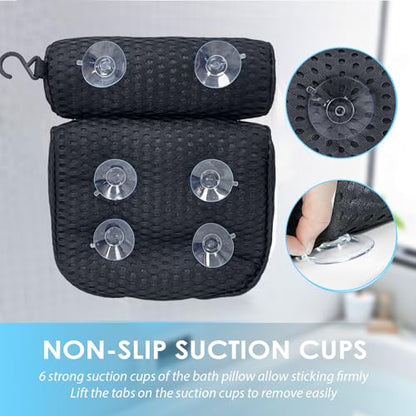 AEROiVi Luxury Bath Pillows for Tub Soft Mesh Strong 6 Suction Cups Black | Bath Pillow with laundry bag head and neck support Relaxing Bath Washable Quick-Dry Bath Accessories Spa Gifts - color: Black