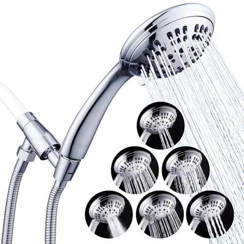 G-Promise Shower Head with Metal Shower Holder and Long Hose | High Pressure, Solid Brass Holder, 6 Spray Settings, 70" to 75" Stainless Steel Hose, Adjustable Angle, Easy DIY - color: Chrome