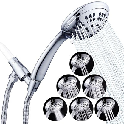 G-Promise Shower Head with Metal Shower Holder and Long Hose | High Pressure, Solid Brass Holder, 6 Spray Settings, 70" to 75" Stainless Steel Hose, Adjustable Angle, Easy DIY - color: Chrome