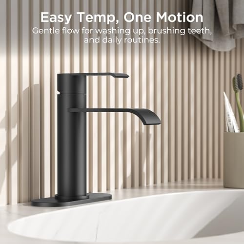 FORIOUS Waterfall Black Bathroom Faucet 1 Hole, one Matte Black Faucet Rv | Single Hole Bathroom Sink Faucet Matte Black, Single Handle Rv Faucet Bathroom for Sink with Deck Plate and Pop-up Drain - color: Matte Black