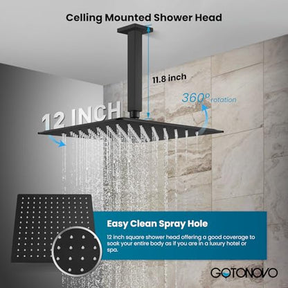 gotonovo Ceiling Shower System with Handheld Matte Black,12 inch Head | Ceiling Mount Bathroom Shower Faucet Set,SUS304 Rainfall Head and Handle Set Combo,Brass Valve Trim Kit,All Metal - color: Black, size: 12 inch Head