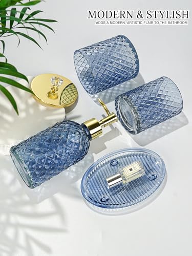 Haturi Glass Bathroom Accessories Set, Navy Blue Bathroom Set, 4 Pcs | Kit w/ Bathroom Soap Dispenser Set, Toothbrush Holder, Qtip Holder, Vanity Tray, Blue Bathroom Decor, Gift for Home Apartment - style: Navy Blue