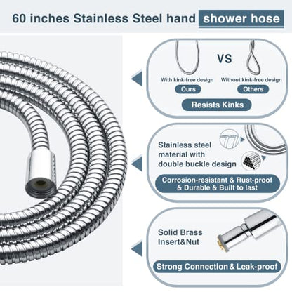 BRIGHT SHOWERS Handheld Shower Head Set High Pressure Hand Held Showerhead with 60 Inch Flexible Shower Hose and Adjustable Shower Arm Mount Bracket, 3 Spray Settings Shower Wand, Chrome - color: Chrome, size: 1.8 Gallon Per Minute