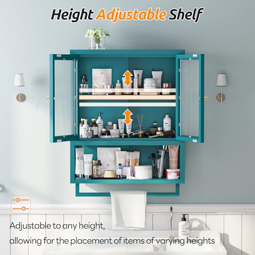 Bathroom Wall Cabinet with 2 Glass Door, Bathroom Medicine Cabinet with Towels Bar and Shelves, Over The Toilet Storage Cabinet, Metal Wall Mounted Cabinet for Kitchen (Blue) - color: Blue